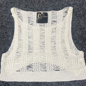 Chandelier White Crochet Knit Distressed Crop Top Sleeveless Tank OS